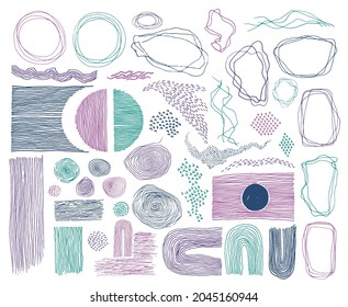 Scribble frames, lines and dots texture backgrounds vector collection. Pencil freehand borders, design creative elements. Line frames, grunge dot particles shapes. Thin stripes scribbles.