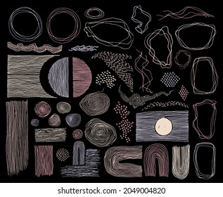 Scribble frames, lines and dots texture backgrounds vector collection. Pencil freehand borders, design creative elements. Line frames, grunge dot particles shapes. Minimal linear handdrawn set