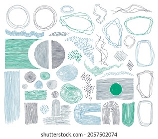 Scribble frames, lines and dots texture backgrounds vector collection. Pencil drawn fingerprint abstract design elements. Line frames, grunge dot particles shapes. Accent underline stripes.