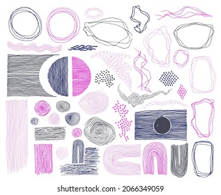 Scribble frames, lines and dots texture backgrounds vector collection. Pen hand drawn borders, design creative elements. Line frames, grunge dot particles shapes. Abstract decorative graffiti