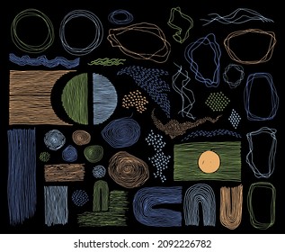 Scribble frames, lines and dots texture backgrounds vector collection. Pencil freehand borders, design creative elements. Vintage line frames, grunge dot particles shapes. Accent underline stripes.