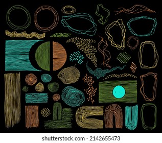 Scribble frames, lines and dots texture backgrounds vector collection. Pencil drawn fingerprint abstract design elements. Vintage line frames, grunge dot particles shapes. Abstract decorative graffiti