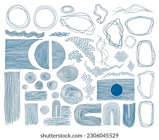 Scribble frames, lines and dots texture backgrounds vector collection. Pencil drawn fingerprint abstract design elements. Line frames, grunge dot particles shapes. Accent underline stripes.