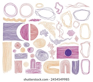 Scribble frames, lines and dots texture backgrounds vector collection. Pencil drawn fingerprint abstract design elements. Line frames, grunge dot particles shapes. Thin stripes scribbles.