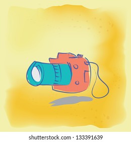 Scribble freehand draw a digital camera on grunge background.