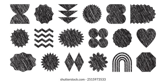 Scribble geometric shape figure, retro badge hand drawn, graphic groovy form paint, y2k element coal design, abstract trendy basic ink icon isolated on white background. Simple vector illustration