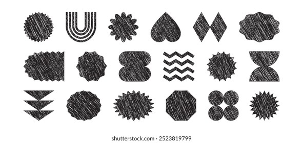 Scribble geometric shape figure, retro badge hand drawn, graphic groovy form paint, y2k element coal design, abstract trendy basic ink icon isolated on white background. Simple vector illustration