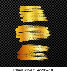 Scribble with a gold glitter marker. Set of three doodle style various scribbles. Gold hand drawn design elements on dark transparent background. Vector illustration