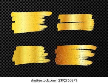 Scribble with a gold glitter marker. Set of three doodle style various scribbles. Gold hand drawn design elements on dark transparent background. Vector illustration