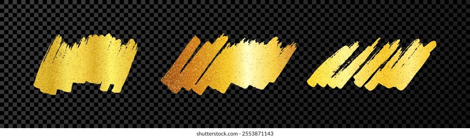 Scribble with a gold marker. Set of three doodle style various scribbles. Gold hand drawn design elements on dark transparent background. Vector illustration