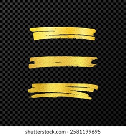 Scribble with a gold marker. Set of three doodle style various scribbles. Gold hand drawn design elements on dark transparent background. Vector illustration