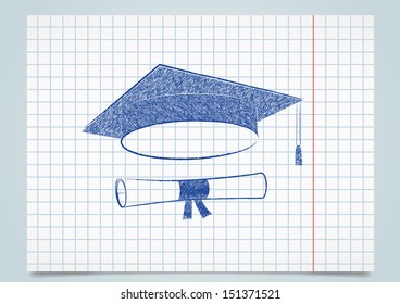 Scribble graduation cap and diploma. Vector illustration