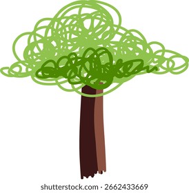 Garabato ilustración de árbol verde adecuado para el libro de los niños. Un dibujo infantil de un árbol verde. Follaje dibujado a mano.