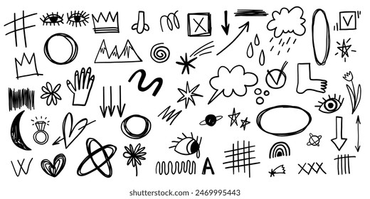 Scribble groovy funky doodle comic set heart, arrow, highlight underline text vector cute minimalist simple illustration