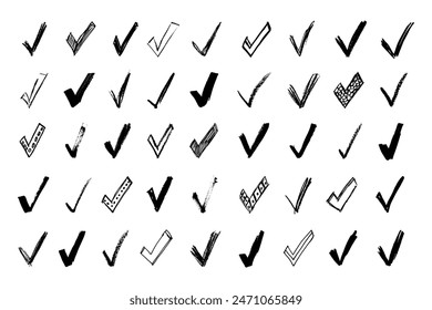 Scribble grunge check mark icons collection. Marker, pen and crayon check marks signs set