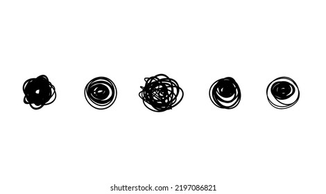 Scribble grunge circle doodle cartoon dot blot elements collection hand drawn in vector set. Black and white sketch bullet journal strokes isolated on white.