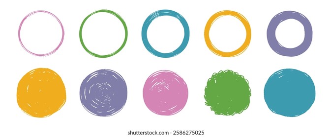 Scribble grunge circle vector frame set. Hand drawn rough colorful scribble round line. Crayon brush stroke scribble frame. hand drawn doodle circle set. Vector illustration