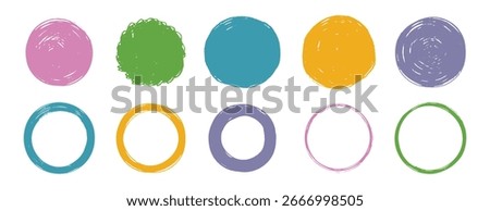 Scribble grunge circle vector frame set. Hand drawn rough colorful scribble round line. Crayon brush stroke scribble frame. hand drawn doodle circle set. Vector illustration