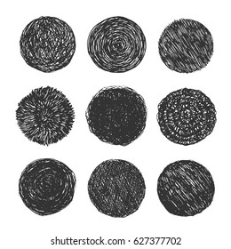 Scribble grunge circles - a set of design elements. Vector hatching. Rough abstract bubbles.