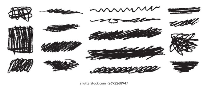Juego de líneas de garabatos Grunge Doodle de garabatos. Líneas dibujadas a mano Formas de pincel de lápiz desordenadas y manchas de carbón. Ilustración vectorial