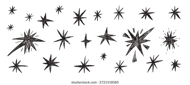 Garabato grunge texturizado mágico crayón estrellas cayendo conjunto. Conjunto de chispas de carbón negro o tiza pastel. Pincel de lápiz garabato estrella colección brillante. La pegatina del estallido estelar de los niños parpadea. Vector de Navidades