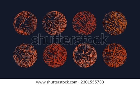 Scribble grunge wood texture circles. Vector hatching. Rough tree rings. Graphic topographic map. Abstract planets in space