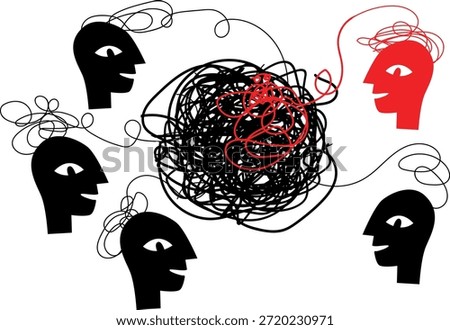 Scribble hand drawn emotional conflict concept with tangled lines. Chaotic scribble network highlights emotional tension, stress and disturbed connection between people, showing intense inner conflict and mental overload.