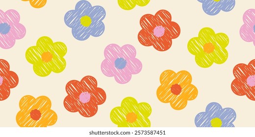 Scribble hand drawn floral seamless pattern with childish style and pastel color. Design for fabric, textile, covers, gift wrap, wallpaper.