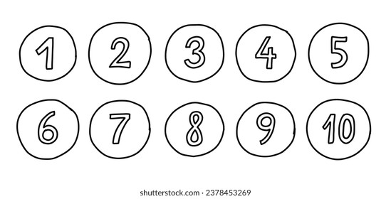 Scribble hand drawn numbers from one to ten. Vector black line lettering isolated on white background.