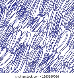 Scribble hand drawn seamless pattern. Stock vector illustration of tangle chaotic sketch shapes in blue color on white background.