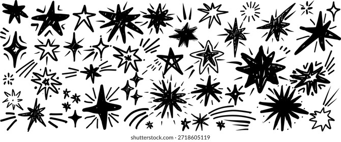 Garabato dibujado a mano estrellas conjunto con textura de línea de lápiz, añadiendo carácter crudo hecho a mano y fuerte énfasis visual a los diseños