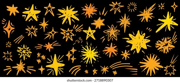 Scribble hand drawn stars set with line texture on a black background