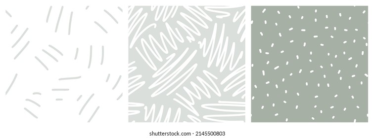 Scribble, hand drawn strokes seamless pattern. Scrawl and tiny spot marks vector design in natural greyish green tones. 