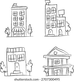 Conjunto De Ícones De Construção Desenhados À Mão De Rabisco. Ilustrações de vetor de arquitetura, vitrine, casa e serviço público