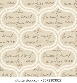 Scribble handwritten script text ogee seamless pattern. Unreadable beige damask letter endless background. Illegible note repeat cover. Diary poetry continuous ornament. Vector hand drawn flat