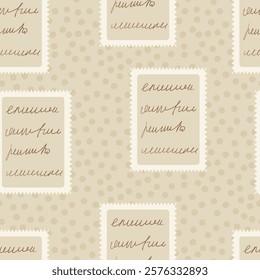 Scribble handwritten script text on post stamps seamless pattern. Unreadable letter endless background. Illegible note repeat cover. Vector vintage diary poetry continuous ornament.