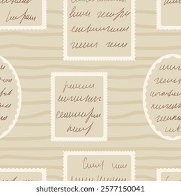 Scribble handwritten script text on post stamps seamless pattern. Unreadable letter endless background. Oval and rectangle frame Illegible note repeat cover. Vector vintage diary poetry.