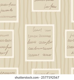 Scribble handwritten script text on post stamps seamless pattern. Unreadable letter endless background. Illegible note repeat cover. Vector vintage diary poetry continuous ornament.