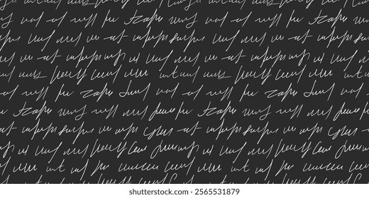 Scribble handwritten script text seamless pattern. Unreadable letter endless background. Illegible note repeat cover. Vector hand drawn illustration on dark background .