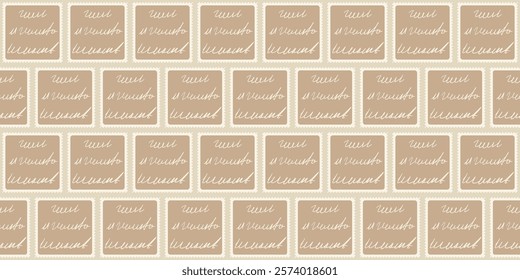 Scribble handwritten script text seamless pattern. Unreadable letter square post stamps endless background. Illegible note repeat cover. Diary poetry continuous ornament. Vector illustration.