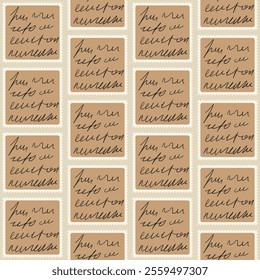 Scribble handwritten script text square seamless pattern. Unreadable letter endless background. Illegible note repeat cover. Diary poetry continuous ornament. Vector hand drawn illustration.