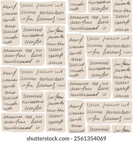 Scribble handwritten text seamless pattern. Unreadable letter geometric blocks endless background. Illegible note modular repeat cover. Vector hand drawn illustration.