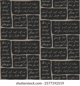 Scribble handwritten text seamless pattern. Unreadable letter geometric blocks endless background. Illegible note modular repeat cover. Vector hand drawn flat illustration.