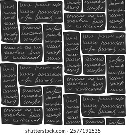 Scribble handwritten text seamless pattern. Unreadable letter geometric blocks endless background. Illegible note modular repeat cover. Vector hand drawn bento grid pattern illustration.