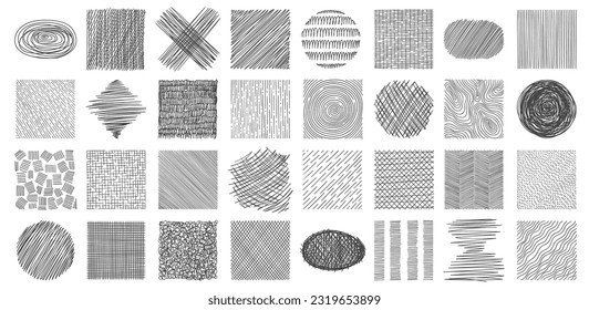 Scribble hatch textures. Dirty lines and scratches of various shapes, creative abstract strokes and hatching effect. Vector doodle strokes and scribbles set of dirty scratch and chaotic illustration