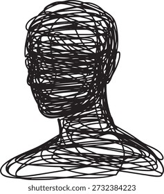Contorno de cabeça rabiscada com linhas. Desenho confuso da forma humana. Esboço abstrato do busto da pessoa. Estilo de arte caótica ilustrando confusão ou complexidade. Mão desenhada ilustração vetorial.