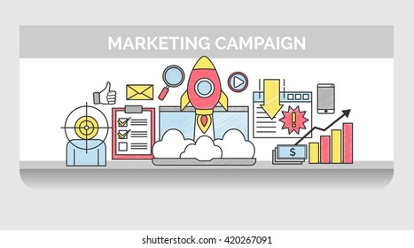 Scribble header horizontal banner illustration for internet marketing campaign launch. Icon illustrations for target audience, campaign planning, marketing tools and output analysis.