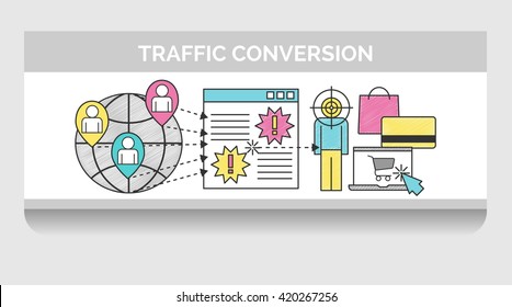 Scribble header horizontal banner illustration for web traffic targeting and conversion. Icon illustrations for global network traffic, landing page and a visitor that converted into purchase.