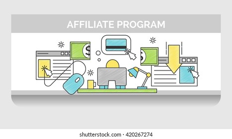 Scribble header horizontal banner illustration for internet affiliate program. Icon illustrations for web traffic conversion sequence from the point of the user.