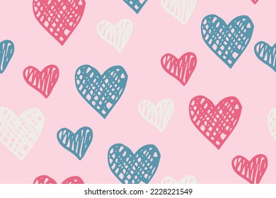 Scribble heart shapes vector seamless pattern. Love concept background. Holiday positive print. Scribble texture hearts ornament. Birthday wrapping paper. Romantic fabric print.